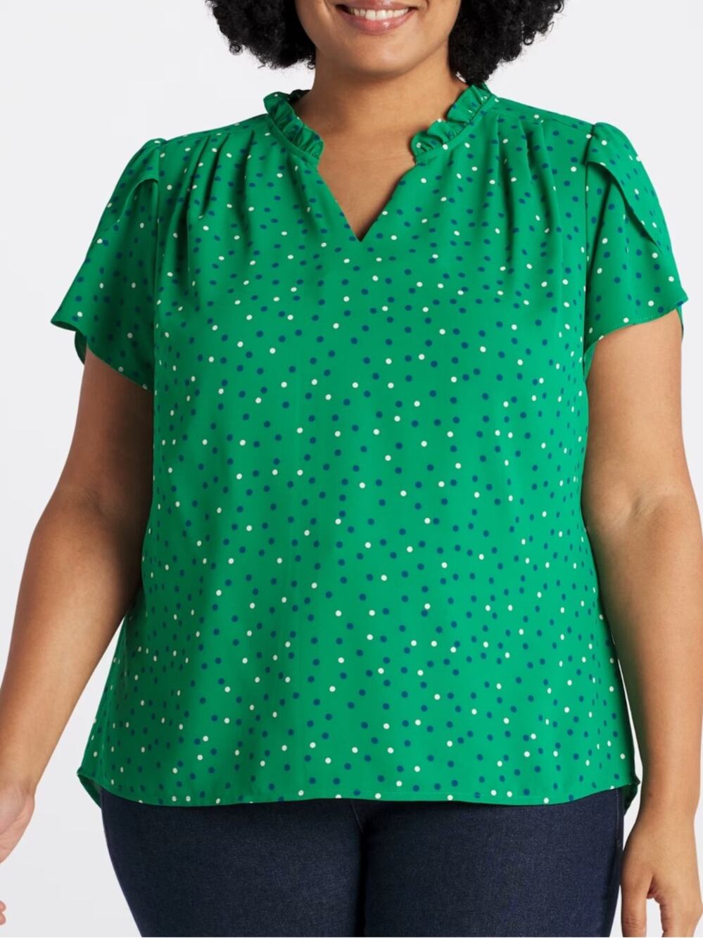 41 HAWTHORN Tiffiny Tulip Sleeve Short Sleeve Blouse Green Dots 3X